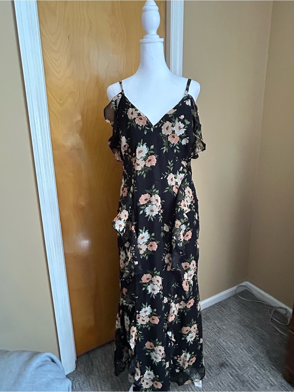 Old Navy Black Maxi Dress with Pink and Cream Floral Print